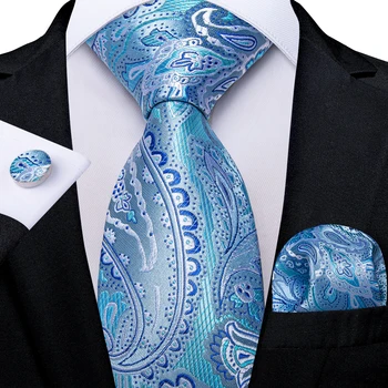 2023 Luxus Világos Kék Paisley 100% Selyem Férfi lakodalom 8cm Nyakkendő Meghatározott Zsebkendő Mandzsettagomb Ajándék Apa Dropshipping