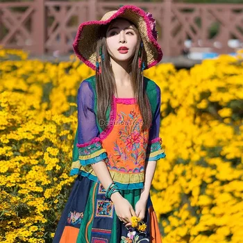 2023 summe kínai etnikai stílus kardigán, póló vintage nők kecses hagyományos maximum finom pamut ágynemű hímzéssel, maximum
