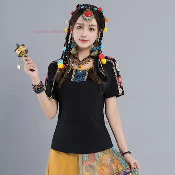 2024 nemzeti virág nyomtatás, hímzés o-neck póló női vintage t-shirt harajuku elegáns etnikai ing keleti alap ing