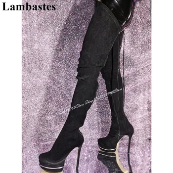 A Comb Nagy Fekete Nyáj Cipzár Béren Kívüli Platform Csizma Vékony, Magas Sarkú Női Cipő Hátsó Cipzárral Kerek Toe 2024 Zapatos Para Mujere