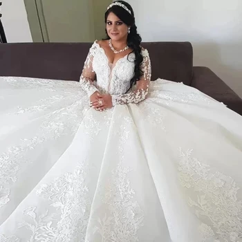A Zhu Luxus Csipke V-Nyak Afrika Esküvői Ruhák Princess Hosszú Ujjú Menyasszonyi Ruhák Plus Size Arab Ruhát Vestido de Noiva