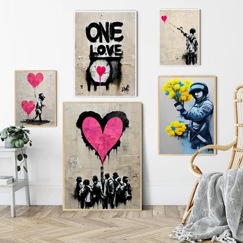 Banksy a Gyerekek Vászon Festmény, Poszterek, Nyomatok Graffiti Rózsaszín Szerelmes Szív Wall Art Képek Nappali, Modern Otthon Szoba Dekoráció