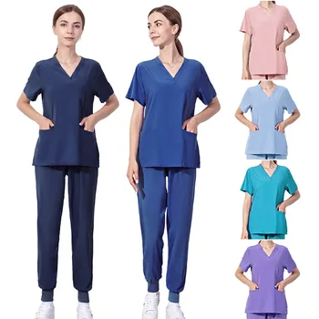 Egyszínű Ápolási Scrubs Nők Egyenruhában Rugalmasságát Kisállat Klinika Nővér V-nyakú Kórházban Dolgozó Orvos Ruházati Nagykereskedés