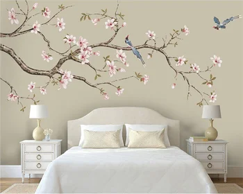Egyéni háttérkép, 3d-s magnolia Kínai kézzel festett virág, madár freskó aprólékos kanapé háttér fali dekoráció festés обои