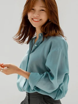 Fehér Chiffon-Ing, Női koreai Divat Laza Slim Alkalmi ing, illetve blúz Vékony Hölgy Alsó Ing hivatal ruhák nőknek