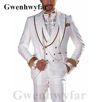 Gwenhwyfar 2023 Új Férfi Vőlegény Öltöny Üzlet Szmoking Három Darab Készlet Fehér Szatén Jól Szabott Öltöny (Zakó, öltöny)