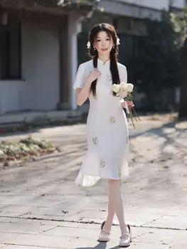 Javult A Kínai Stílusú Modern Nyúl Hímzés Qipao Nyári Hagyományos Női Vékony, Hosszú Cheongsam Estélyi Ruha
