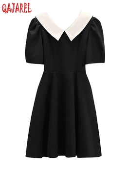 Nyári Fekete Rövid Ujjú Elegáns Íj Baba Gallér Ruha Női Elegáns Office Lady Ruha 2023 Koreai Vintage Hepburn Fél Vestidos
