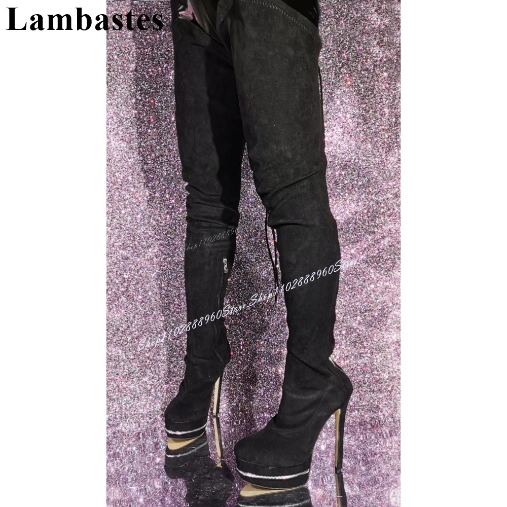 A Comb Nagy Fekete Nyáj Cipzár Béren Kívüli Platform Csizma Vékony, Magas Sarkú Női Cipő Hátsó Cipzárral Kerek Toe 2024 Zapatos Para Mujere - 2