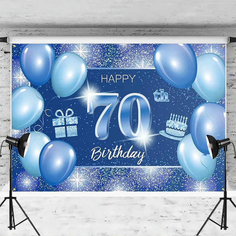 Boldog 70 éves Hátteret Banner Dekor Kék Pontok Csillám Csillám 70 Éves Téma Díszek Férfiak Nők Kellékek - 1