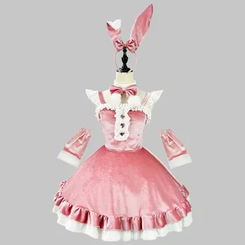 Édes Lolita Nyuszi Lány Halloween Karácsony Cosplay Jelmez Japán Anime Rózsaszín Szobalány Fehérnemű Puha Bársony Nyuszi Szerepjáték Ruha