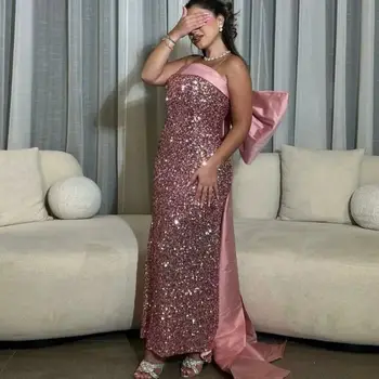 Íj Rózsaszín Luxus Ruha Hableány Magas Gallér Flitterekkel Padló Hossza Bál Dresse Szaúd-Arábiában a Nők Vestidos De Fiesta Esküvő Party