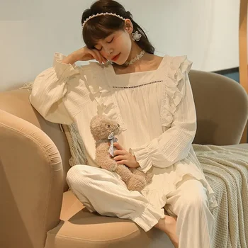 Új Hálóruházat Nők Őszi Téli Pizsama Szett Pamut Pizsama, Hosszú Ujjú Nadrág Aranyos Ruhát Koreai Loungewear Hálóruha