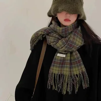 Őszi Nyakmelegítő Vintage Kockás Sál Téli Női Zöld Koreai Stílus Divat Meleg Kendő Lány Design Alkalmi Megvastagodott Pakolások