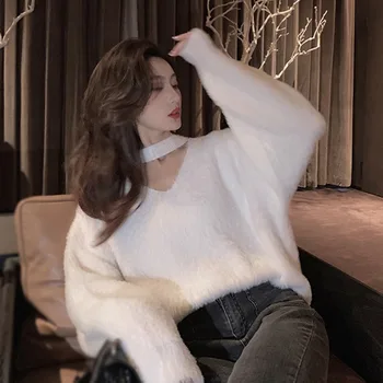 Őszi-Téli Divat a Nők Laza Pulóver Lóg Nyak egyszínű koreai Verzió V-neckKnitwear